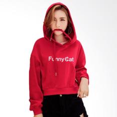 Jfashion Cropped Della Print Jaket Sweater Hoodie Tangan Panjang - Merah
