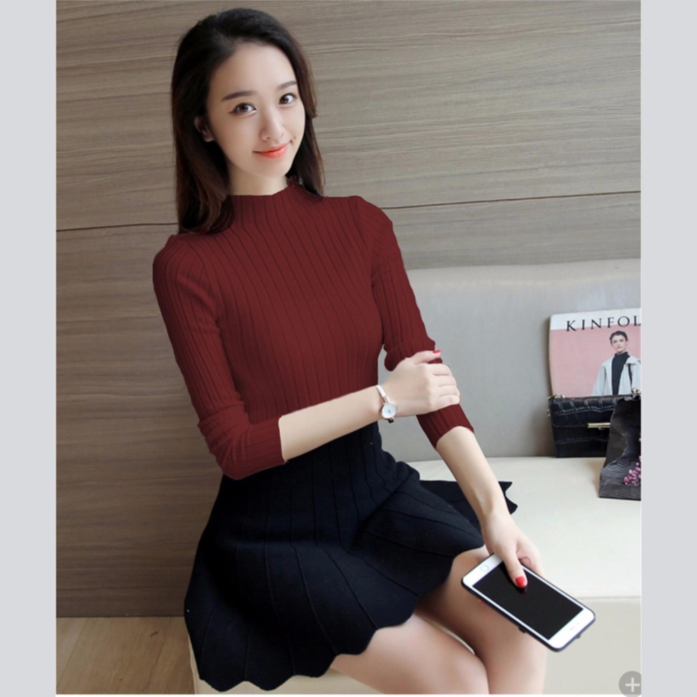 Jfashion Sweater Rajut Leher Tinggi Tangan panjang gaya Korea - Elsa