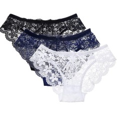 Jiayiqi 3 Pcs Wanita Seksi Transparan Lace Panties Breathable Cotton Underwear Lingerie-Intl