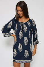 Gemerincing Vintage Wanita Longgar Gaya Kasual O Leher 3/4 Lengan Baju Musim Panas Pantai Gaun Cetak S-XL (Biru LAUT) -Internasional