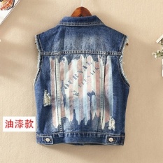 JOJO Denim Rompi Wanita Paragraf Pendek Spring Gaya Baru Bordir Holevest Slim Fit Pelangsing Efek Cat Rompi Tanpa Lengan Jaket Pasang (Warna Gambar (CAT)) -Intl