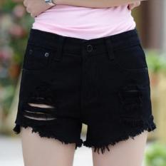 JOY Women's Fashion Apakah Tipis Lubang Di Jeans Hitam-Intl