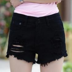 JOY Korea Mode Korea Topi Wanita Fashion Apakah Tipis Lubang Di Jeans Hitam-Intl