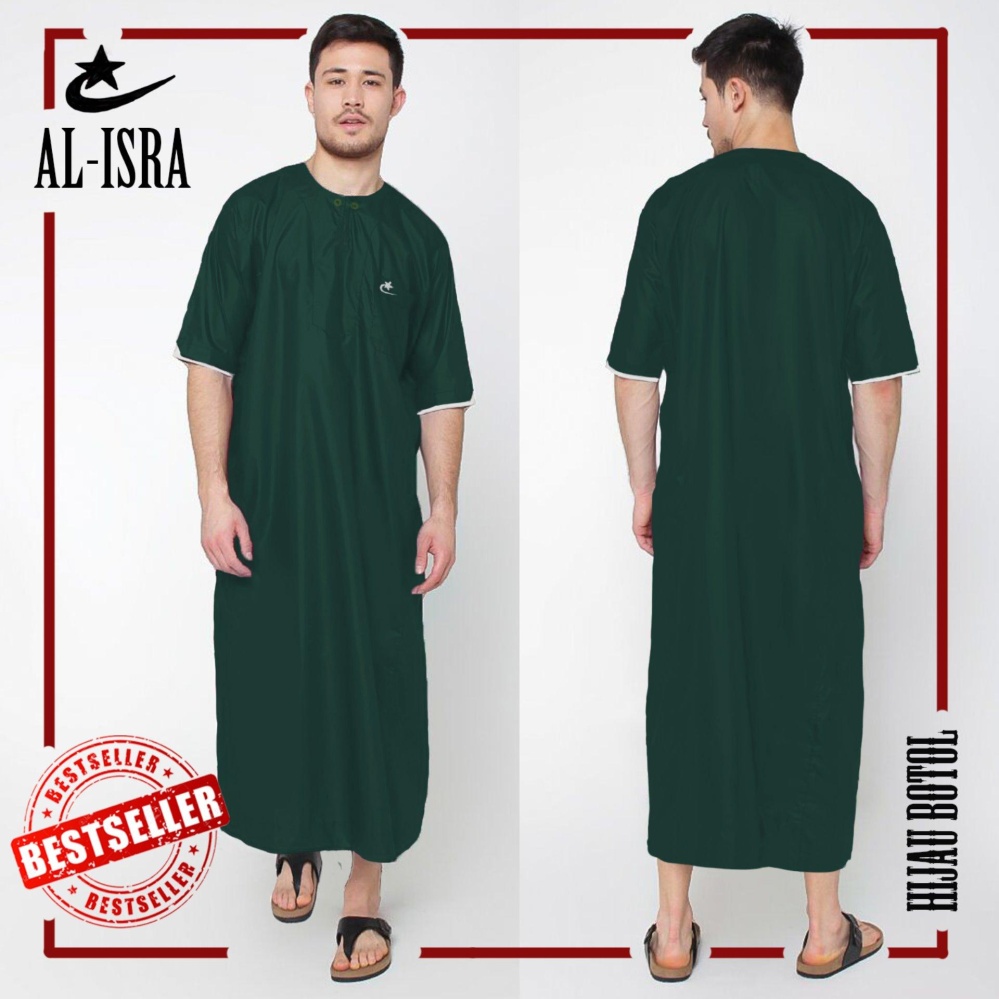 Al-Isra JUBAH ARABI Pakaian Muslim Gamis Pria Tangan Pendek (Hijau Botol)