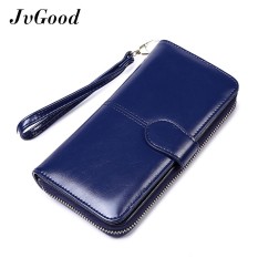 JvGood Dompet Wanita Model Risleting Panjang Bahan Kulit PU Lapis Minyak Lilin Dengan Tali Pegangan