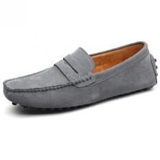 KAILIJIE Pria Penny Loafers Suede Kulit Slip Mengendarai Mobil Sepatu Sandal Boat Sepatu (Grey)-Intl