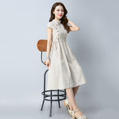 Kain Linen Ramping Elegan Setengah Panjang Model Cheongsam Gaun (Krem) Baju Wanita Gaun Wanita Gaun Wanita