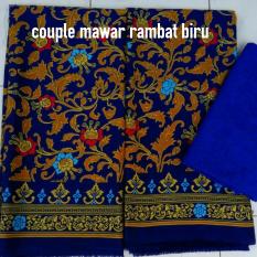 Kain satin bali murah set couple keluarga motif mawar rambat biru