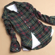Kancing Kerah Kemeja Wanita Katun Kasual Kemeja Flanel Kotak-kotak Cek Blus Atasan M ~ XXL-ต่างประเทศ