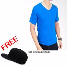 Kaos Polos T-Shirt V-Neck Cotton Biru Free Topi Snapback head