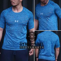 kaos tshirt manset baselayer under armour misty Compression (blue) gym run sepeda tennis training excersise 1805 dri fit
