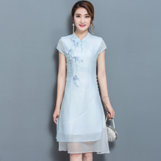 Kapas bagian panjang dari tipe A gaun cheongsam wanita rok gaun (Biru) baju wanita dress wanita Gaun wanita