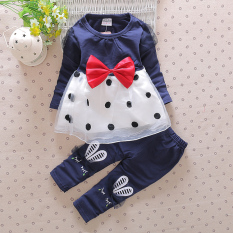 Kapas Bayi Gadis Anak Musim Semi (Biru Tua Warna Eropa Benang Pasir Lengan Panjang Set)