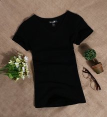 Kapas Putih Polos Perempuan Sederhana Baju Dalaman T-shirt (V-neck Hitam Lengan Pendek)
