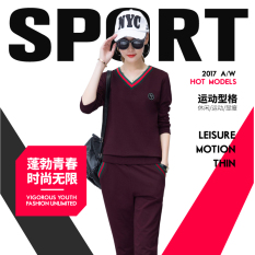 Kasual Baru Lengan Panjang Kerah V Baju Olahraga (Anggur Merah (2 Pcs/set))