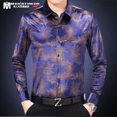 Kasual Beludru Emas Bisnis Ayah Kemeja Lengan Panjang Baju Kemeja (Biru C020)