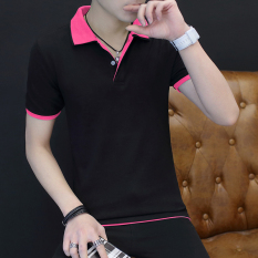 Kaos Musim Panas Pria Kemeja POLO Kasual Katun Warna Polos (Mei (Hitam Kerah))