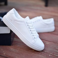 PRVAYALE Sepatu Kets Pria Sol Datar Pergelangan Kaki Rendah Trendi (609 Putih Polos (Kulit)) (609 Putih Polos (Kulit))