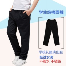 Katun Elastis Warna Polos Pria atau Wanita Anak Celana Sekolah Coklat Muda Celana Cargo (Hitam Celana Panjang Ikat Elastis)