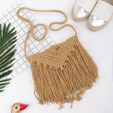 Gaya Jepang Sederhana dan Elegan Kain Linen Angin Anyaman Tas Kecil Rajutan Tangan Anyaman Pantai Liburan Tas Rumbai Anyaman Tas Wanita