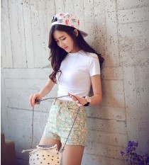 Warna Polos Terkena Pusar Ramping Atasan Ayat Pendek Kaos (Putih Susu)