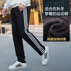 Katun Siswa Laki-laki Lebih Tebal Model Pria Celana Cargo Tambah Beludru Celana Olah Raga (Putih Tiga Garis /Hitam (Musim Dingin Tambah Beludru))