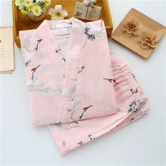 Katun Wanita Lengan Panjang Imut Baju Tidur Kimono Baju Tidur (Merah Muda Derek Gaya Jepang Lengan Panjang Celana Panjang Baju Tidur)