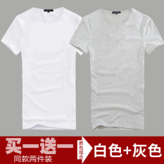 Katun Warna Polos Leher Bulat Ramping Kaos Baju Dalaman (Leher Bulat Pendek Putih + Leher Bulat Pendek Abu-abu abu)