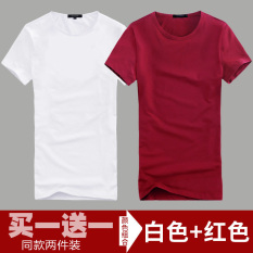 Katun Warna Polos Leher Bulat Ramping Kaos Baju Dalaman (Leher Bulat Pendek Putih + Leher Bulat Pendek Merah Keunguan)