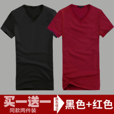 Katun Warna Polos Leher Bulat Ramping Kaos Baju Dalaman (Leher-v Pendek Hitam + Leher-v Pendek Merah Keunguan) baju Atasan Kaos Pria Kemeja Pria