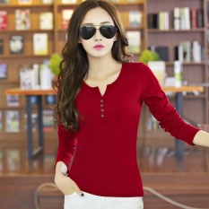 2018 Musim Gugur Model Baru Baju Wanita Ukuran Besar Pada Pakaian Warna Polos Kerah V Kaos Lengan Panjang Wanita Membentuk Tubuh Terlihat Langsing Katun Murni Baju Dalaman