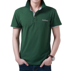 Kebugaran Kemeja Berkerah Kain Katun Lengan Pendek Kaos Kemeja Polo (Hijau Gelap Kerah Abu-abu)