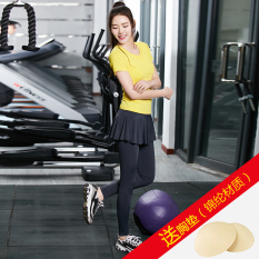 Pakaian Yoga Model Korea Nilon Lengan Bang Pendek Sabuk (Kuning Lengan Bang Pendek + Rok Abu-abu Celana Panjang)