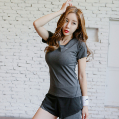 Baju Fitnes Ramping Ukuran Besar Atasan Pakaian Yoga Berlari (Abu-abu Gelap)