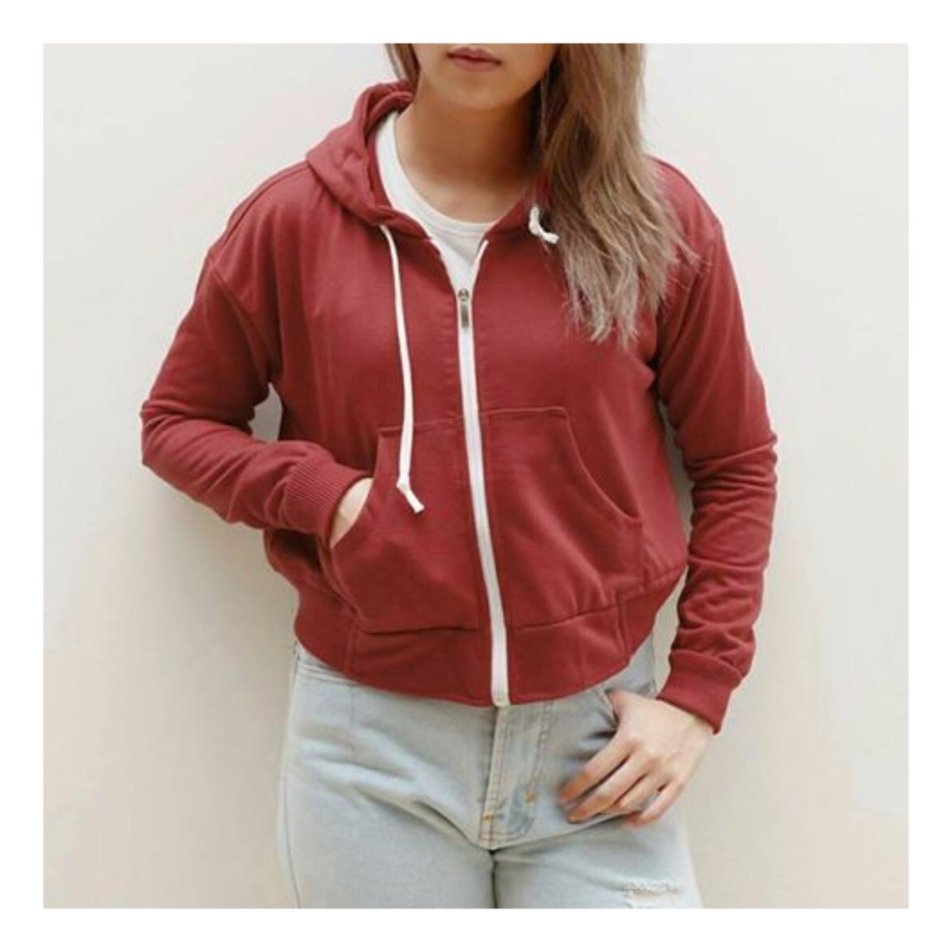 KEI'S jaket wanita crop hoodie maroon bahan fleece