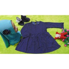 kembarshop - Paket Gamis Bayi 0-12bulan Polka Navy Plus Hijab Tosca dan Sepatu Boots