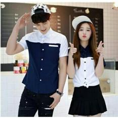 UC Kemeja Couple Pria Wanita Lengan Pendek / Tshirt and dress Wanita / 2 Warna / Rok Pasangan (uebl itewh) NR - Biru putih D2C