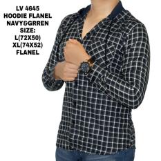 Kemeja Flanel Hoodie Kupluk Topi Navy & Green