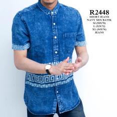 KEMEJA PENDEK PRIA DENIM NAVY MIX BATIK TRIBAL