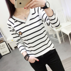 Kerah Persegi Baju Dalaman Warna Mantra Motif Garis Halus Lengan Panjang Atasan Tidak (Putih Leher-v)