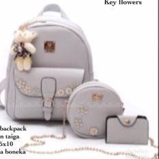 Tas BACKPACK/Ransel/TAS MINI BACKPACK/Tas Anak/Tas 3in1/Tas 4in1/TAS CROS BODY/TAS Drawstring backpack/Tas Messenger/Tas Chanel/Tas Dior/Tas FendI/Tas Louis Vuitton/Tas Prada/Tas Gucci/Tas murah KEY FLOWER 3PCS BACKPACK GREY