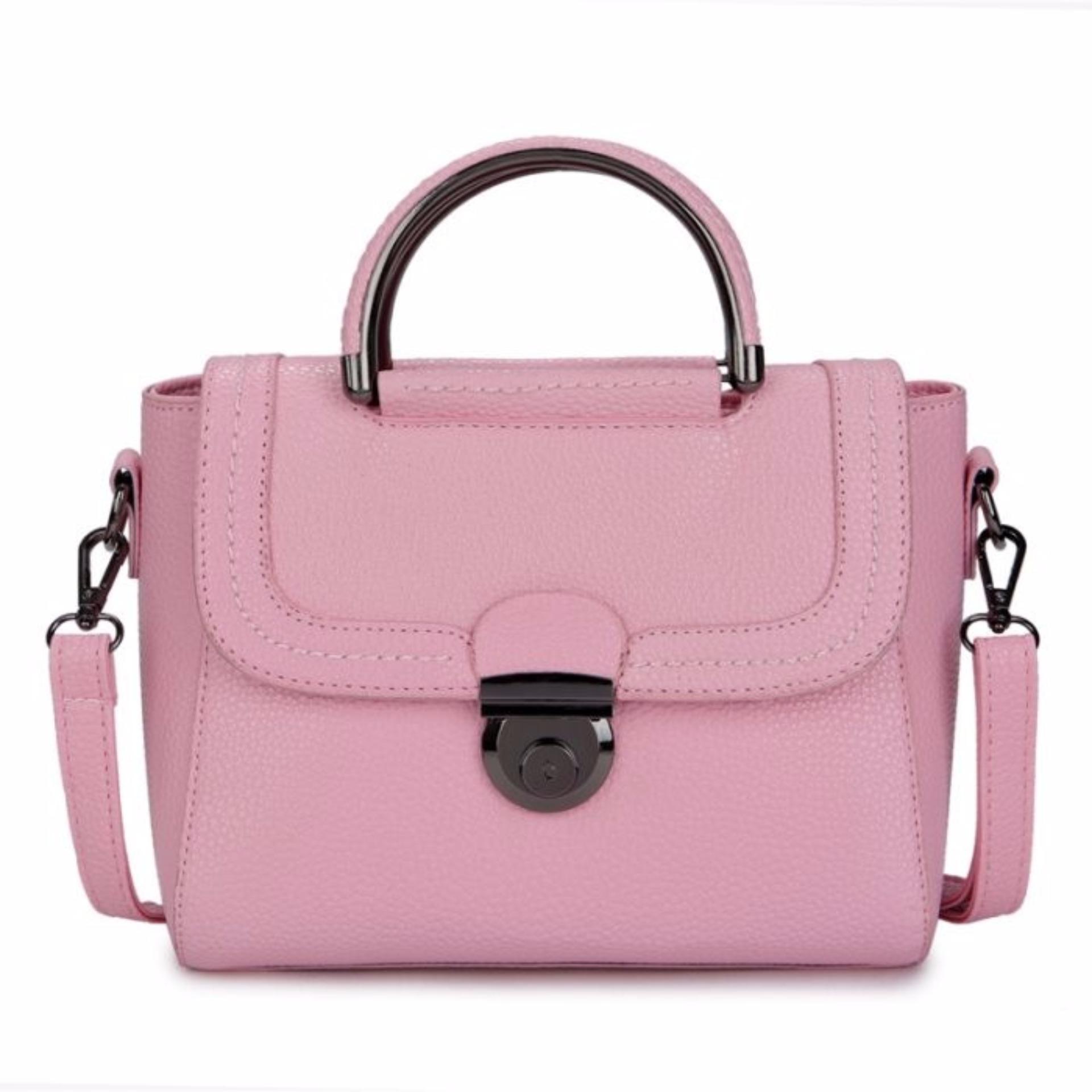 SALE KGS Tas Selempang Wanita Tas Impor Casual Textured Round Lock Satchel Bag - Pink