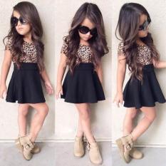 Kids Baby Girls Leopard Printing Gaun Tanpa Lengan Bang Pendek Pakaian