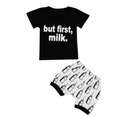 Kids Baby Lengan Pendek tapi Susu Pertama Cetak T-Shirt Tops + Celana Pakaian Pakaian-Intl