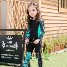 Anak-anak Gadis Lucu Bambu Pola Lucu Zipper Lengan Panjang Baju Renang Sunscreen (Hitam)-Intl