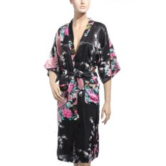 Kimono Jepang Merak Panjang Robe Satin Malam Gaun Gaun Lingerie Hitam-Intl