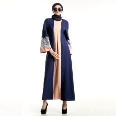 Patchwork Fesyen Wanita Muslim Lengan Panjang Jubah Lace Dress O-Leher Maxi Abaya Jalabiya Islam Wanita Gaun Jubah Kaftan Muslim Dipakai (Biru)
