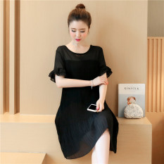Korea Modis Gaya Bagian Lengan Bang Pendek atau Panjang Model Trendi Baju Hamil Musim Panas Jersey Rayon Gaun (Hitam)