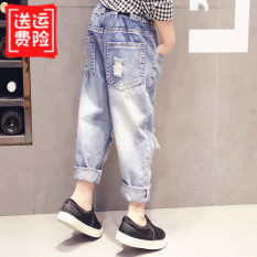 Anak-anak Celana Jeans Sobek Pakaian Anak-anak Busana Musim Semi 2018 Model Baru Versi Korea Celana Jins Gadis Netral Anak Perempuan Koboi Celana Panjang