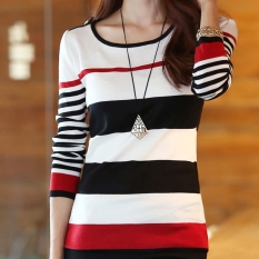 Kaos Santai Wanita Lengan Panjang Motif Garis Gaya Korea
